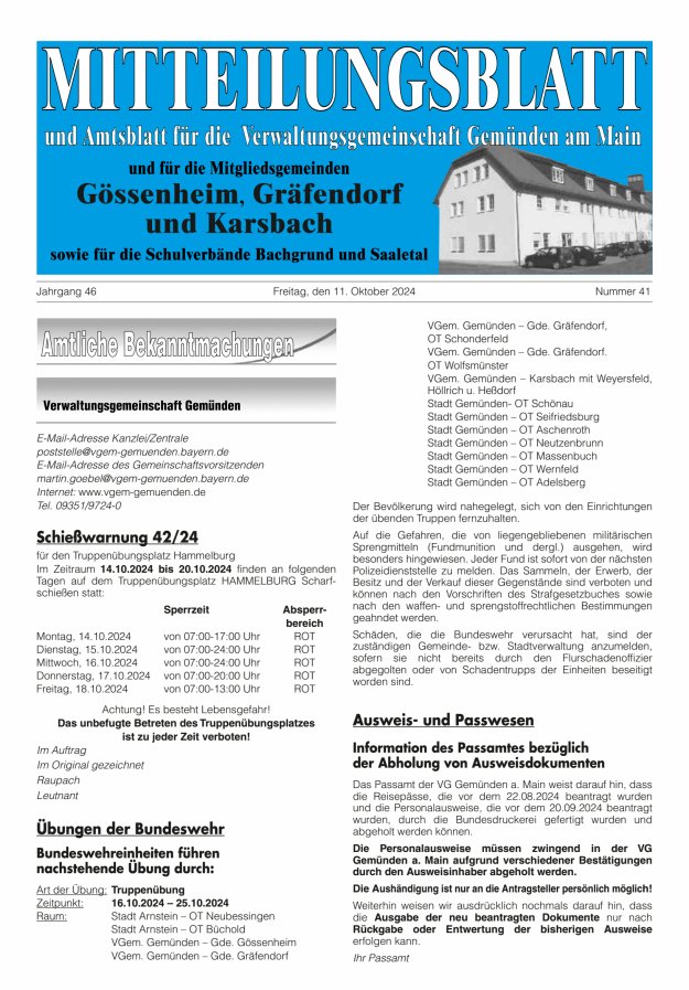 Mitteilungsblatt der VG Gemünden a Main Titelblatt 41/2024