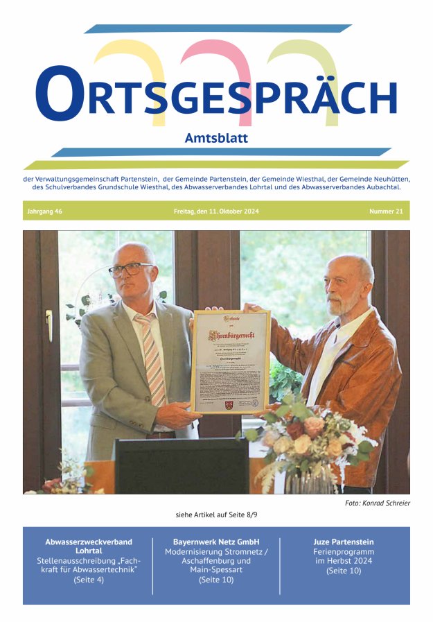 Ortsgespräch - Amtsblatt der VG Partenstein und ihrer Körperschaften Titelblatt 21/2024