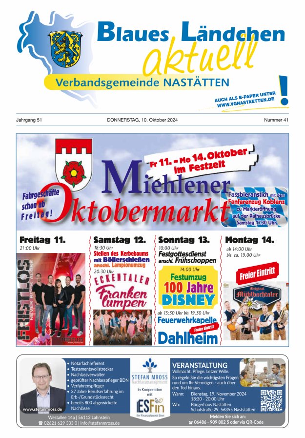 Blaues Ländchen aktuell - Heimat- u Bürgerzeitung VG Nastätten Titelblatt 41/2024