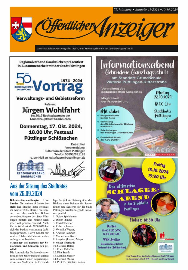 Öffentlicher Anzeiger - Stadt Püttlingen Titelblatt 41/2024