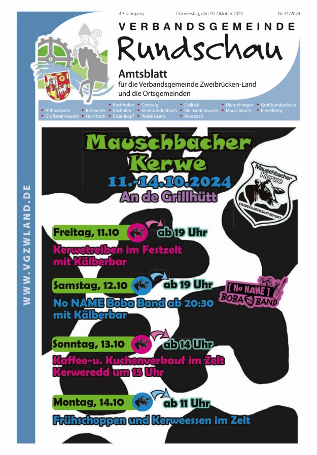 Verbandsgemeinde Rundschau Zweibrücken-Land Titelblatt 41/2024