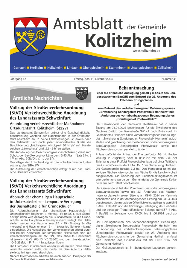 Amtsblatt der Gemeinde Kolitzheim Titelblatt 41/2024