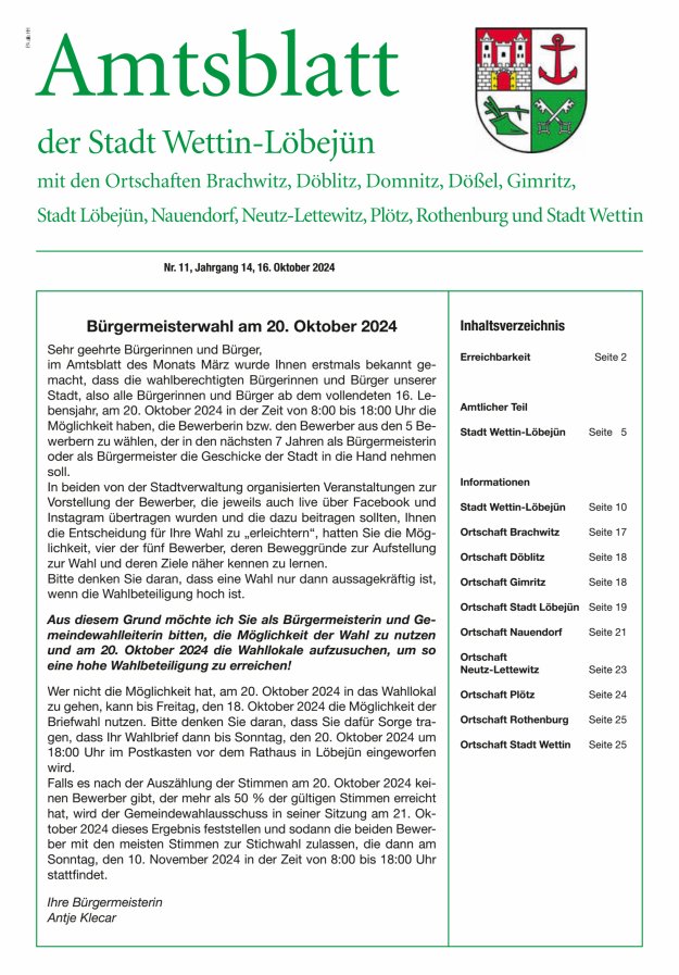 Amtsblatt der Stadt Wettin-Löbejün mit den Ortsteilen Titelblatt 11/2024