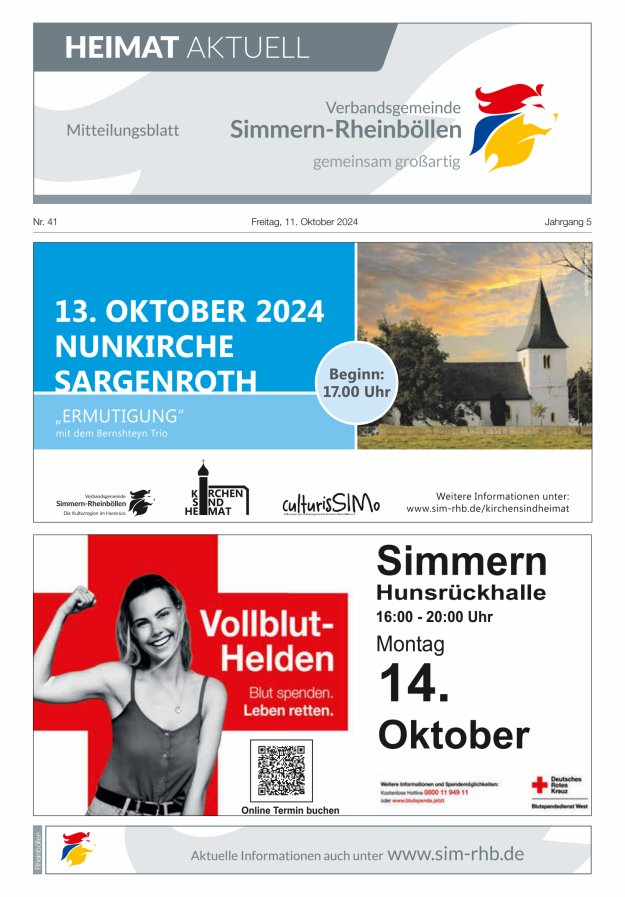 Heimat Aktuell Mitteilungsblatt der VG Simmern-Rheinböllen-Ausg Rheinböllen Titelblatt 41/2024