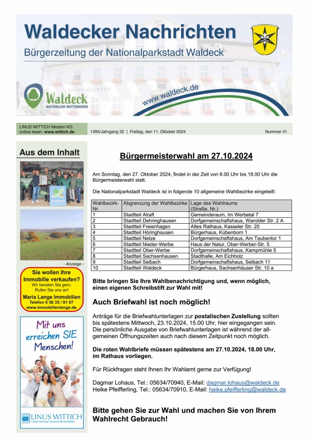 Waldecker Nachrichten Titelblatt 41/2024
