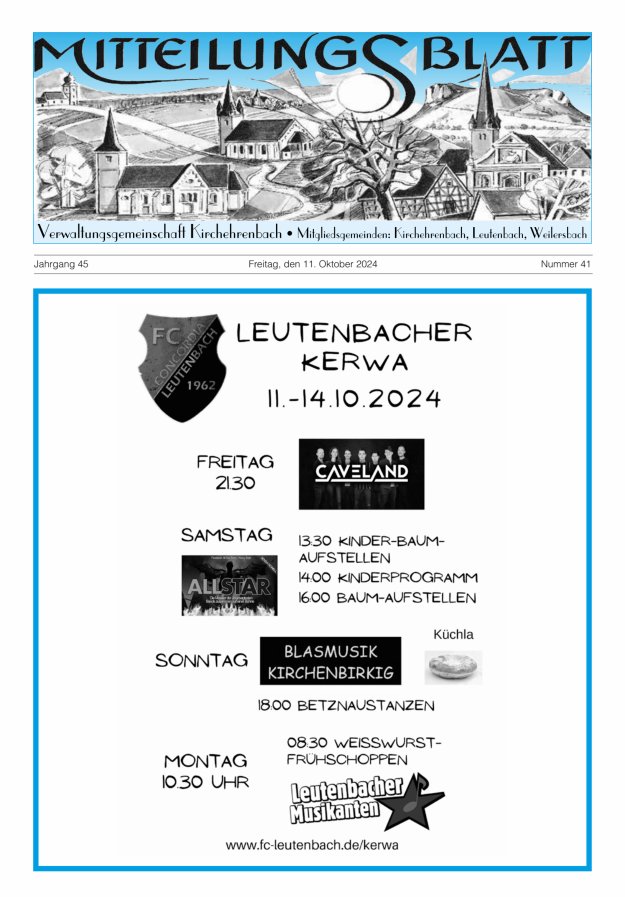 Mitteilungsblatt Verwaltungsgemeinschaft Kirchehrenbach Titelblatt 41/2024