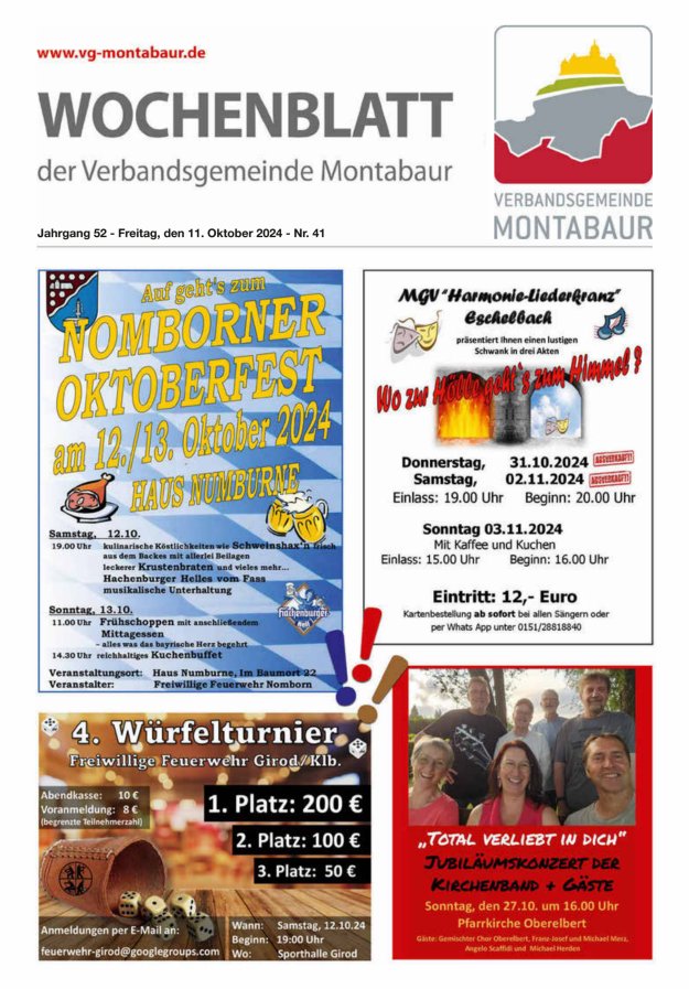 Wochenblatt der Verbandsgemeinde Montabaur Titelblatt 41/2024