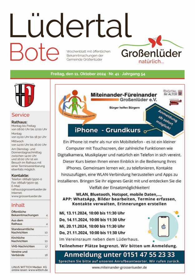 Wochenblatt mit öffentlichen Bekanntmachungen der Gemeinde Großenlüder Titelblatt 41/2024