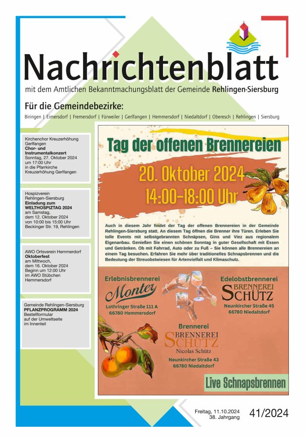 Nachrichtenblatt Rehlingen-Siersburg Titelblatt 41/2024