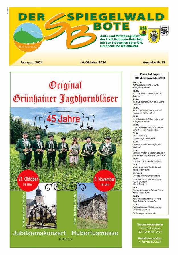 Der Spiegelwaldbote - Amts- und Mitteilungsblatt der Gemeinde Grünhain-Beierfeld  Titelblatt 12/2024