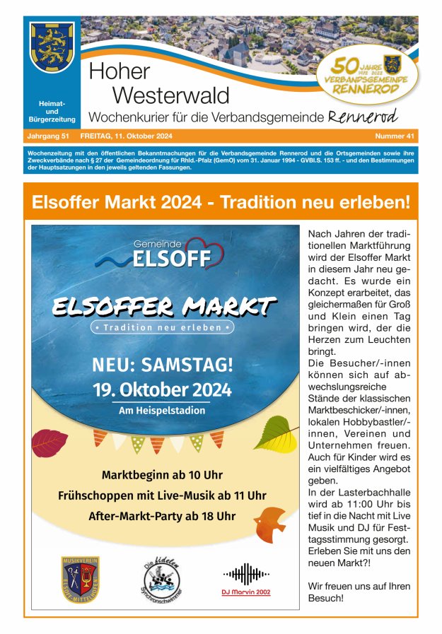 Hoher Westerwald - Wochenkurier für die Verbandsgemeinde Rennerod Titelblatt 41/2024