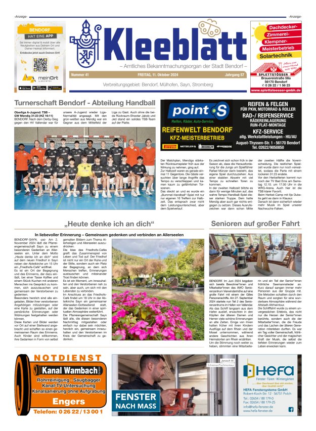 Kleeblatt - Amtliches Bekanntmachungsorgan der Stadt Bendorf Titelblatt 41/2024