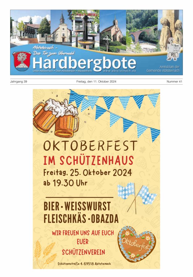 Hardbergbote - Mitteilungsblatt der Gemeinde Abtsteinach Titelblatt 41/2024