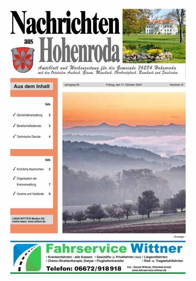 Nachrichten aus Hohenroda Titelblatt 41/2024