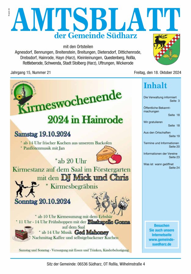 Amtsblatt der Gemeinde Südharz Titelblatt 21/2024