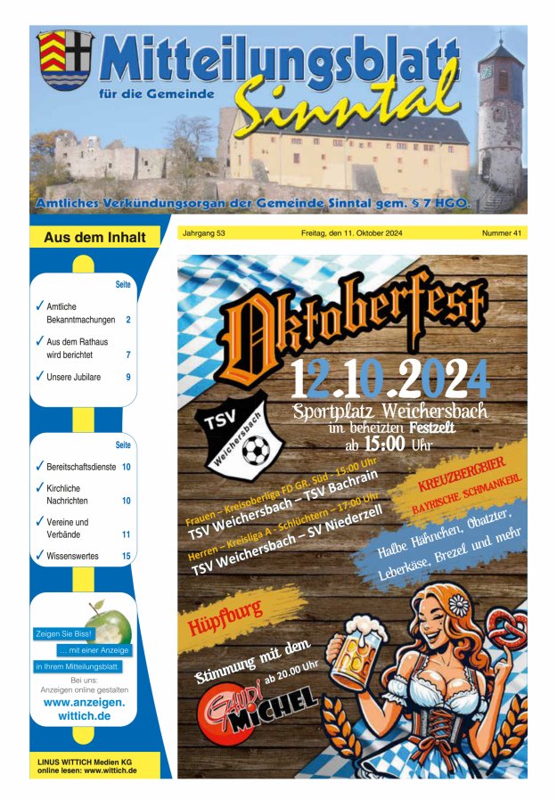 Mitteilungsblatt für die Gemeinde Sinntal Titelblatt 41/2024