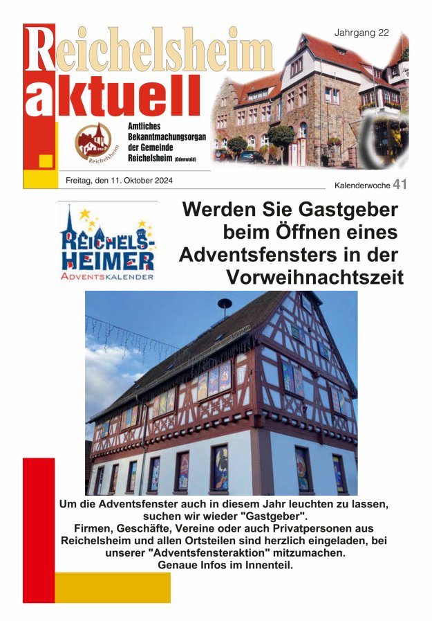 Reichelsheim aktuell - Amtsblatt der Gemeinde Reichelsheim(Odenwald) Titelblatt 41/2024