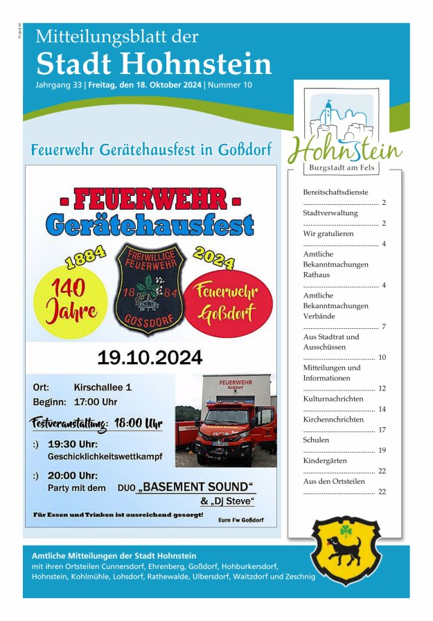 Mitteilungsblatt der Stadt Hohnstein Titelblatt 10/2024