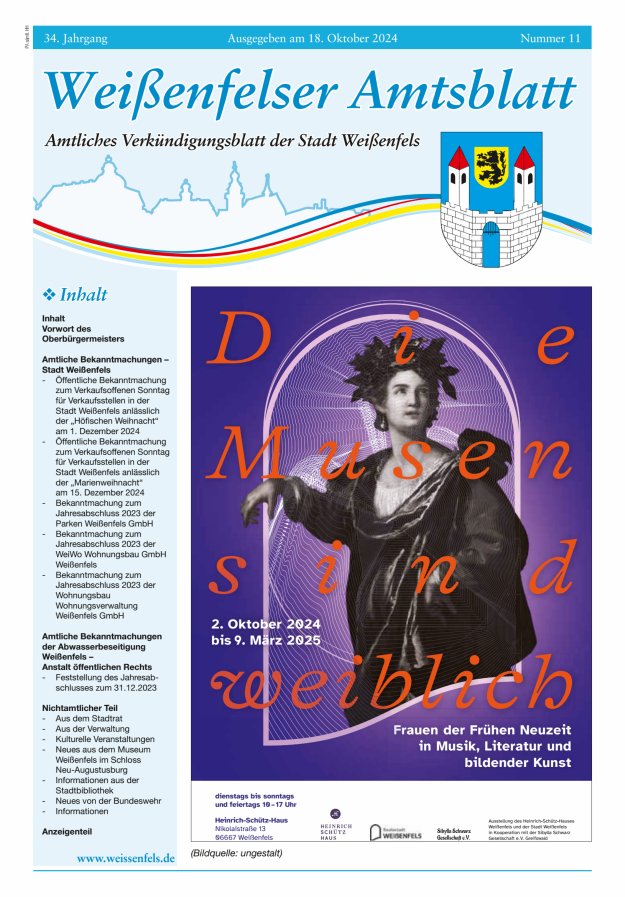Weißenfelser Amtsblatt – Amtliches Verkündungsblatt der Stadt Weißenfels Titelblatt 11/2024