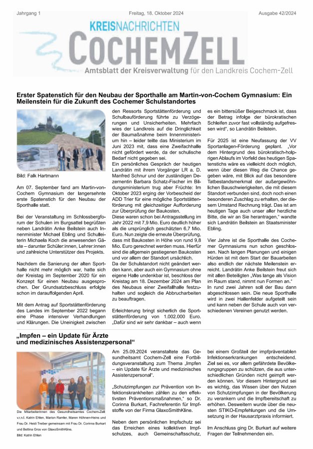 Kreisnachrichten Cochem-Zell Titelblatt 42/2024