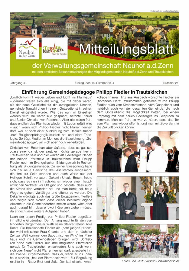 Mitteilungsblatt der Verwaltungsgemeinschaft Neuhof an der Zenn mit den amtlichen Bekanntmachungen der Mitgliedsgemeinden Neuhof an der Zenn und Trautskirchen Titelblatt 21/2024