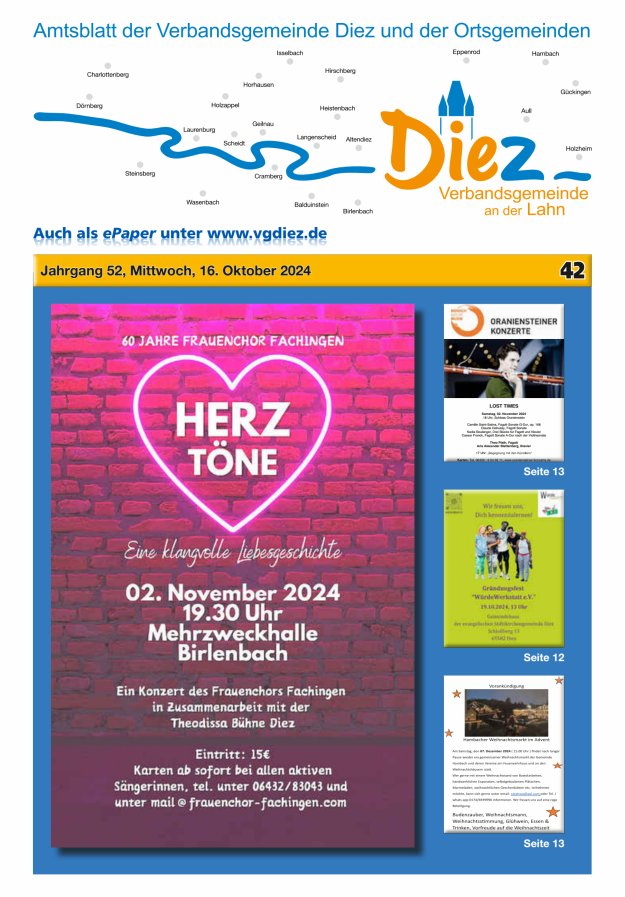Mitteilungsblatt der Verbandsgemeinde Diez und der Ortsgemeinden Titelblatt 42/2024