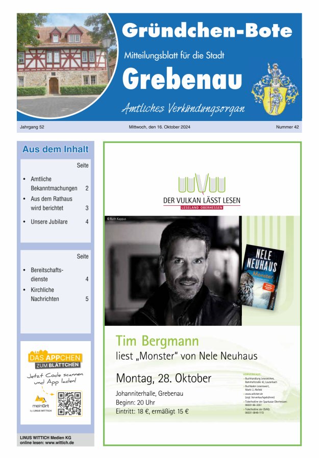 Grebenau - Gründchen Bote - Mitteilungsblatt für die Stadt Grebenau Titelblatt 42/2024