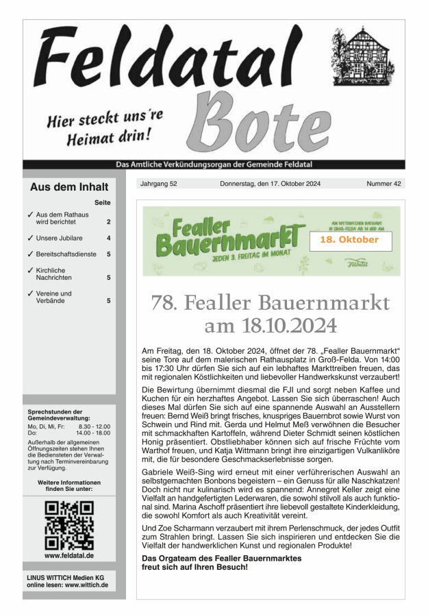 Das Amtliche Verkündungsorgan der Gemeinde Feldatal Titelblatt 42/2024