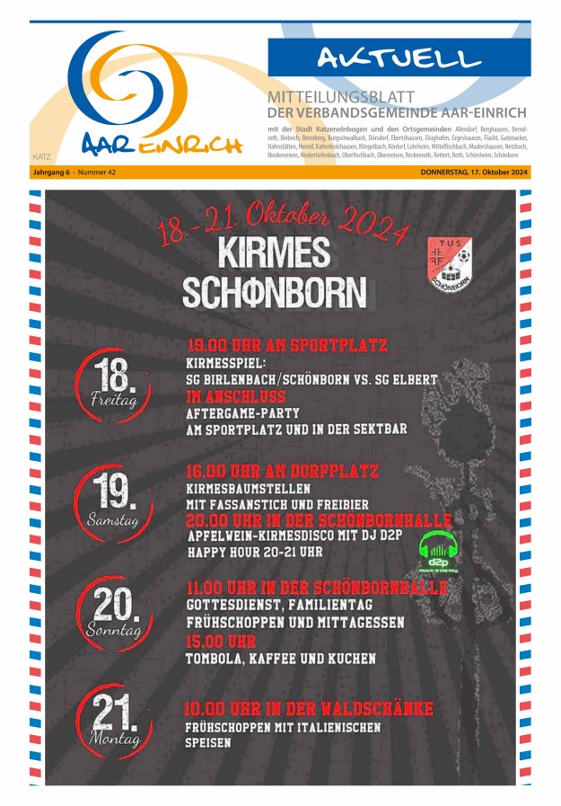 Mitteilungsblatt der Verbandsgemeinde Aar-Einrich Ausgabe Katzenelnbogen Titelblatt 42/2024