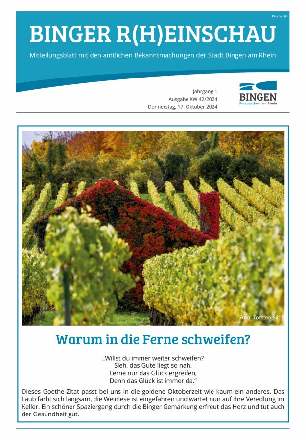 Binger R(h)einschau - Mitteilungsblatt mit den Amtlichen Bekanntmachungen der Stadt Bingen Titelblatt 16/2024