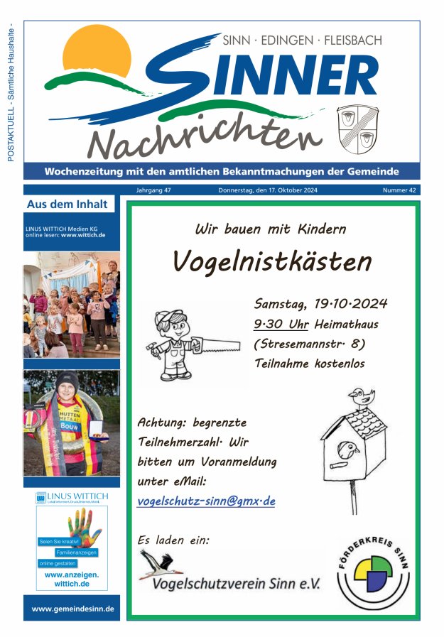 Sinner Nachrichten Titelblatt 42/2024