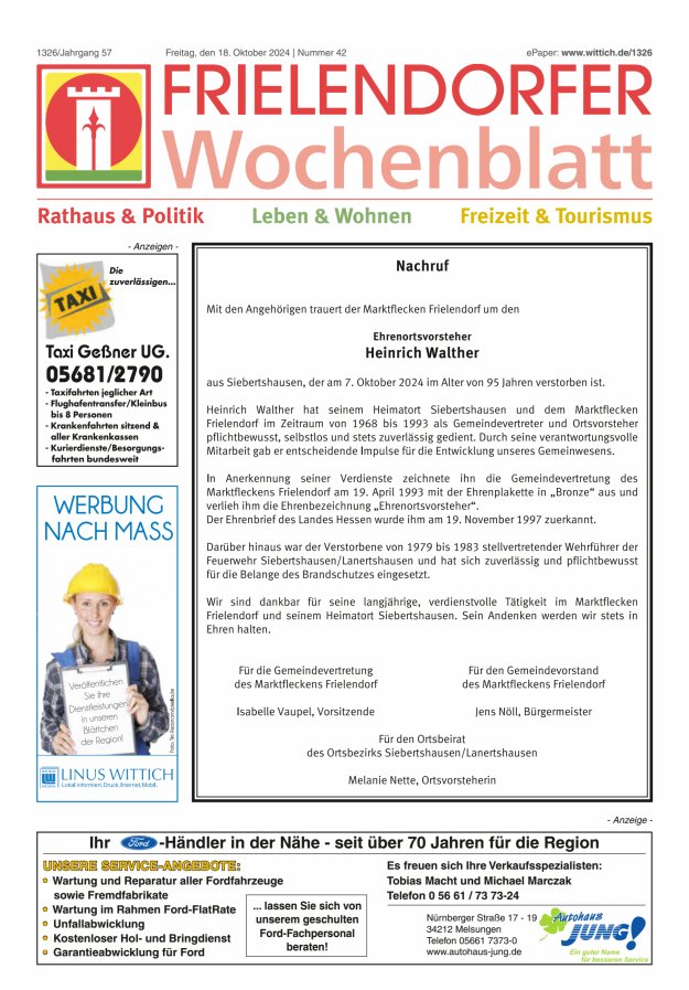 Frielendorfer Wochenblatt Titelblatt 42/2024