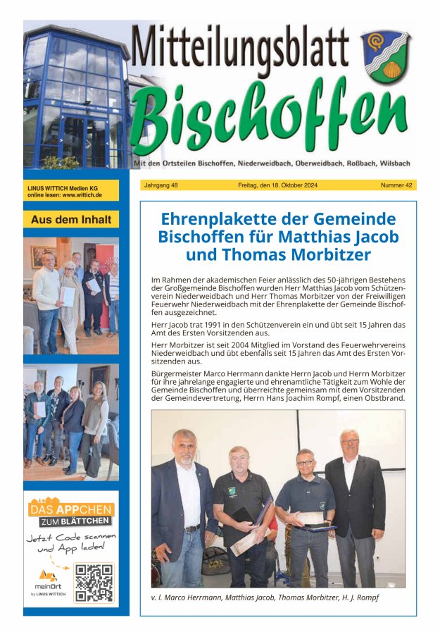 Mitteilungsblatt für die Gemeinde Bischoffen Titelblatt 42/2024