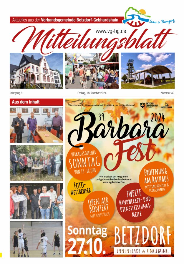 Aktuelles aus der VG Betzdorf-Gebhardshain, Ausgabe Betzdorf Titelblatt 42/2024
