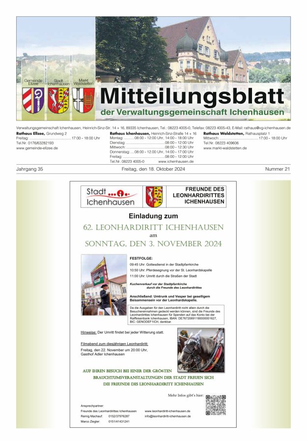 Mitteilungsblatt der Verwaltungsgemeinschaft Ichenhausen Titelblatt 21/2024