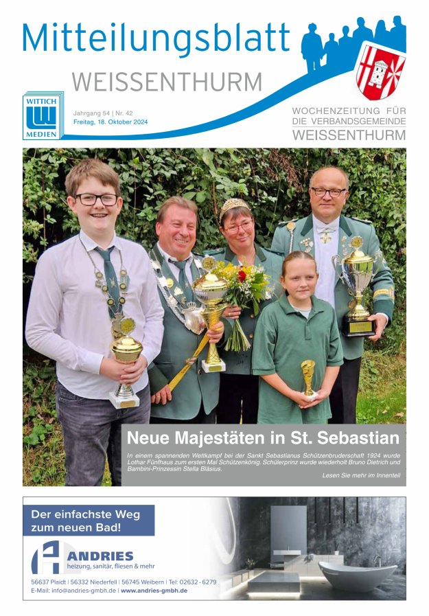 Mitteilungsblatt für den Bereich der Verbandsgemeinde Weißenthurm Titelblatt 42/2024