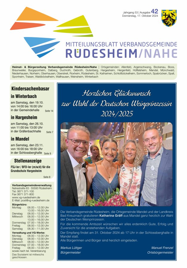 Mitteilungsblatt Verbandsgemeinde Rüdesheim und zugehörige Ortsgemeinden Titelblatt 42/2024