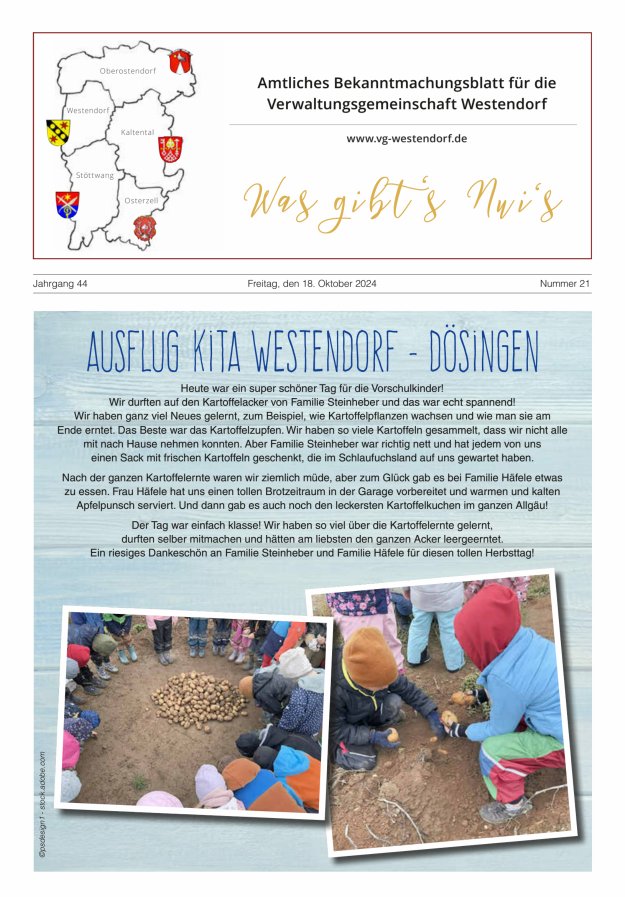 Was gibt's Nui's Amtliches Bekanntmachungsblatt für die VG Westendorf Titelblatt 21/2024