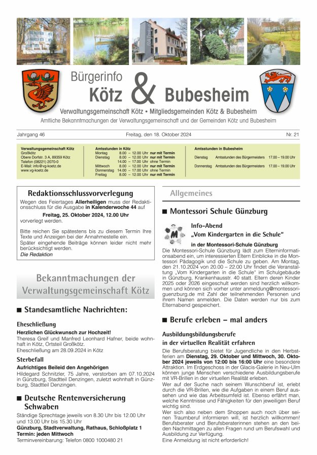 Amtsblatt der VG Kötz und der Mitgliedsgemeinden Titelblatt 21/2024