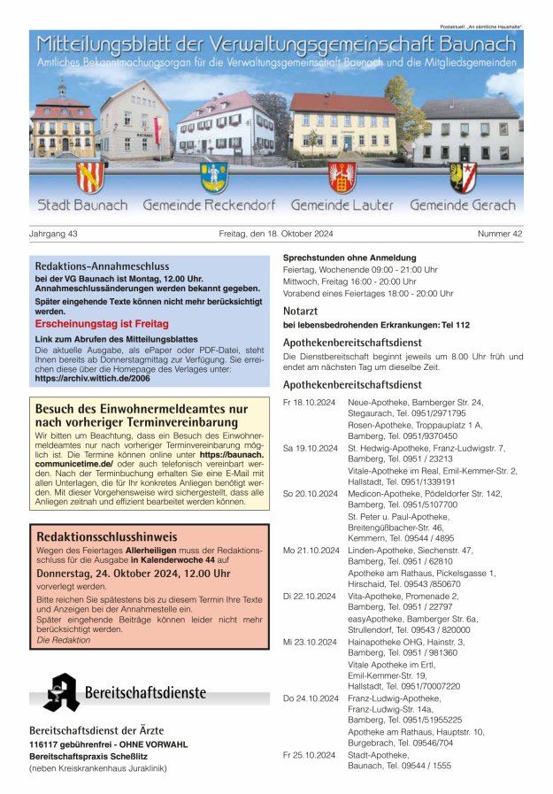 Mitteilungsblatt Verwaltungsgemeinschaft Baunach Titelblatt 42/2024