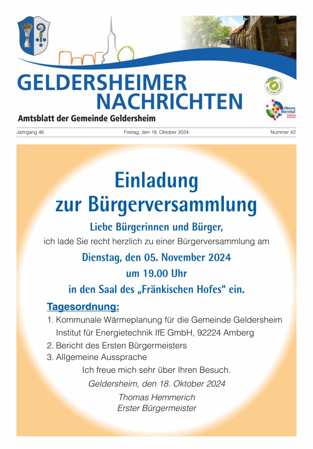 Geldersheimer Nachrichten Amtsblatt der Gemeinde Geldersheim Titelblatt 42/2024