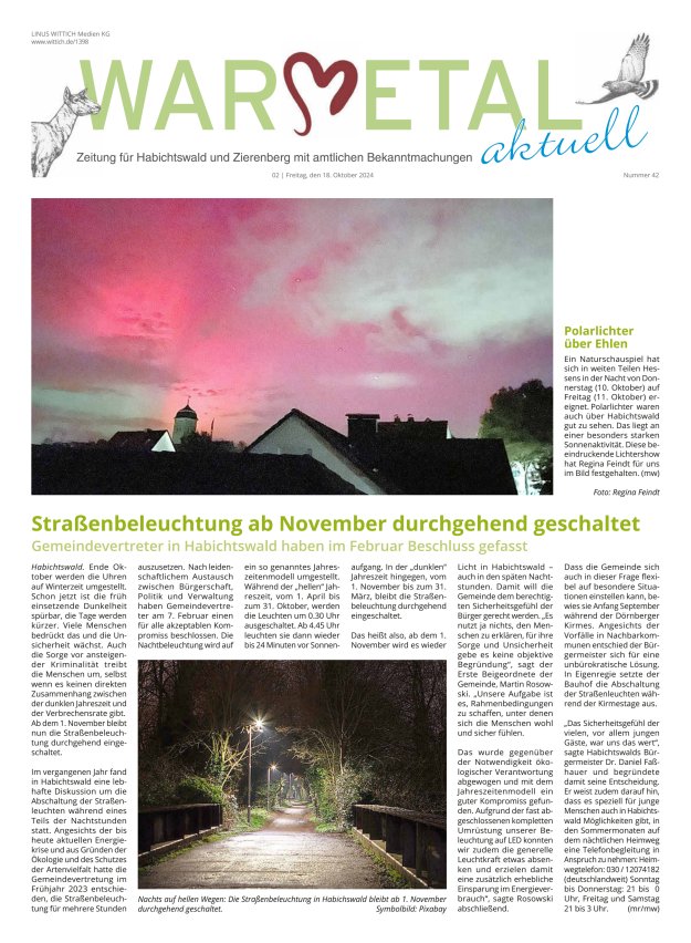 Warmetal aktuell (Habichtswald + Zierenberg) Titelblatt 42/2024
