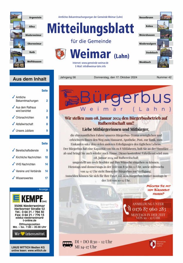 Mitteilungsblatt für die Gemeinde Weimar Titelblatt 42/2024