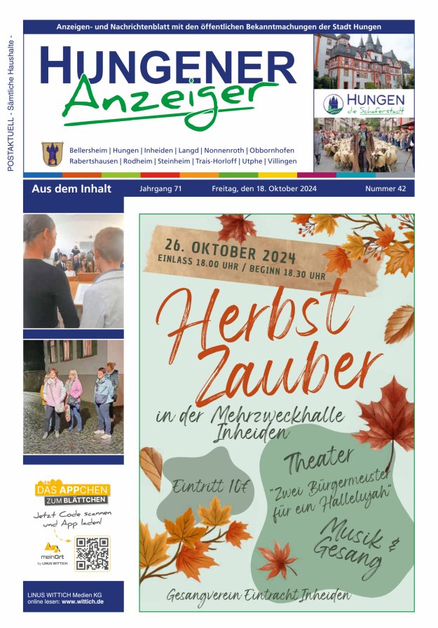 Anzeigen- und Nachrichtenblatt mit den öff  Bekanntmachungen der Stadt Hungen Titelblatt 42/2024
