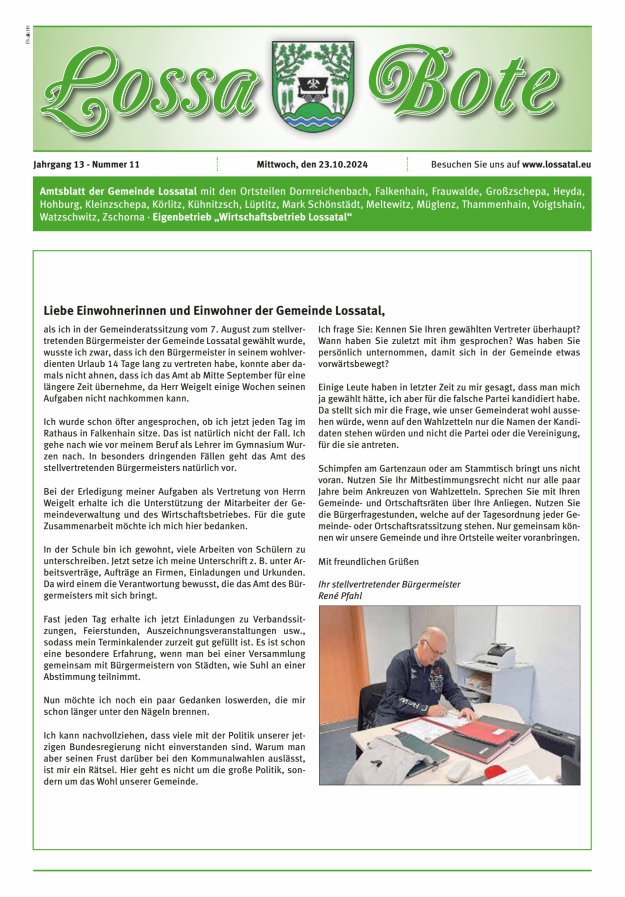 Amtsblatt Lossa Bote - Gemeinde Lossatal mit den Ortsteilen Titelblatt 11/2024