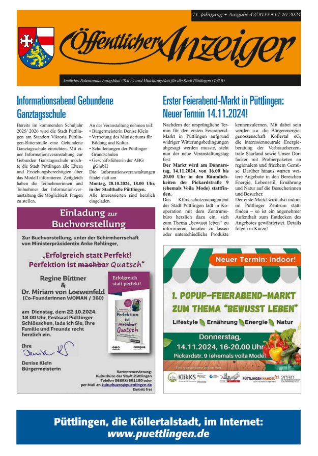 Öffentlicher Anzeiger - Stadt Püttlingen Titelblatt 42/2024