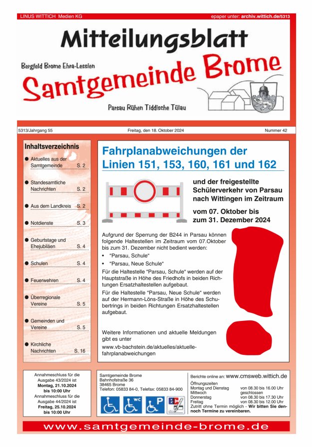 Mitteilungsblatt der Samtgemeinde Brome Titelblatt 42/2024