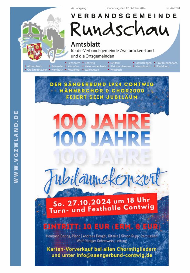 Verbandsgemeinde Rundschau Zweibrücken-Land Titelblatt 42/2024