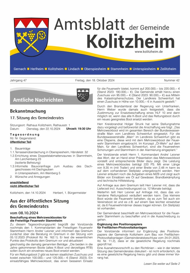 Amtsblatt der Gemeinde Kolitzheim Titelblatt 42/2024