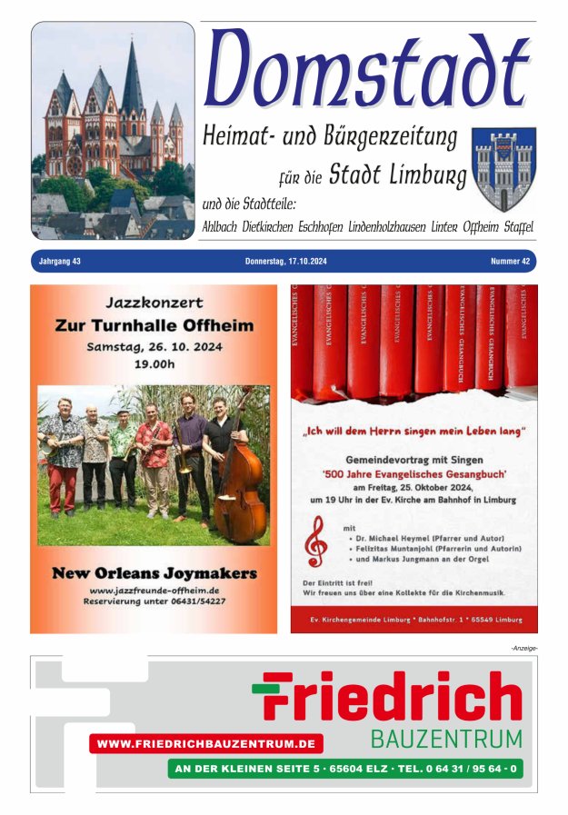 Domstadt - Heimat- und Bürgerzeitung für die Stadt Limburg Titelblatt 42/2024